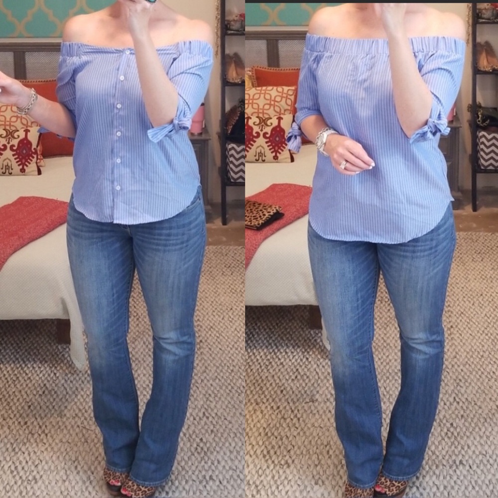 Haute Project Blue Striped Off Shoulder Top